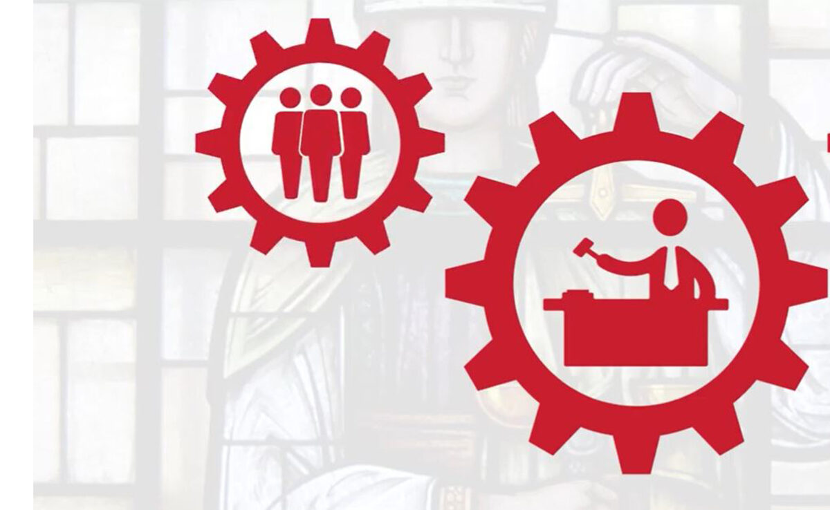 A graphic showing two gears each containing an image. One is an illustration of three people standing together, the other is an illustration of a person sitting at a table and hitting a gavel.