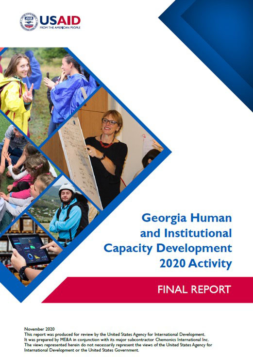 The front page of the final report titled "Georgia Human and Institutional Capacity Development 2020 Activity." Includes several photos of people working and doing things outside.