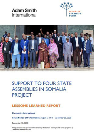 The front page of the final report titled "Support to Four State Assemblies in Somalia Project." Includes an image of a group of people posing for a photo on the steps of a large building.