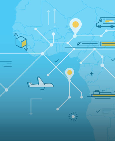 A graphic showing several lines connecting destination points. Includes illustrations of a plane, a bus, a hangar, and a package. The background is blue with a faint image of Africa.