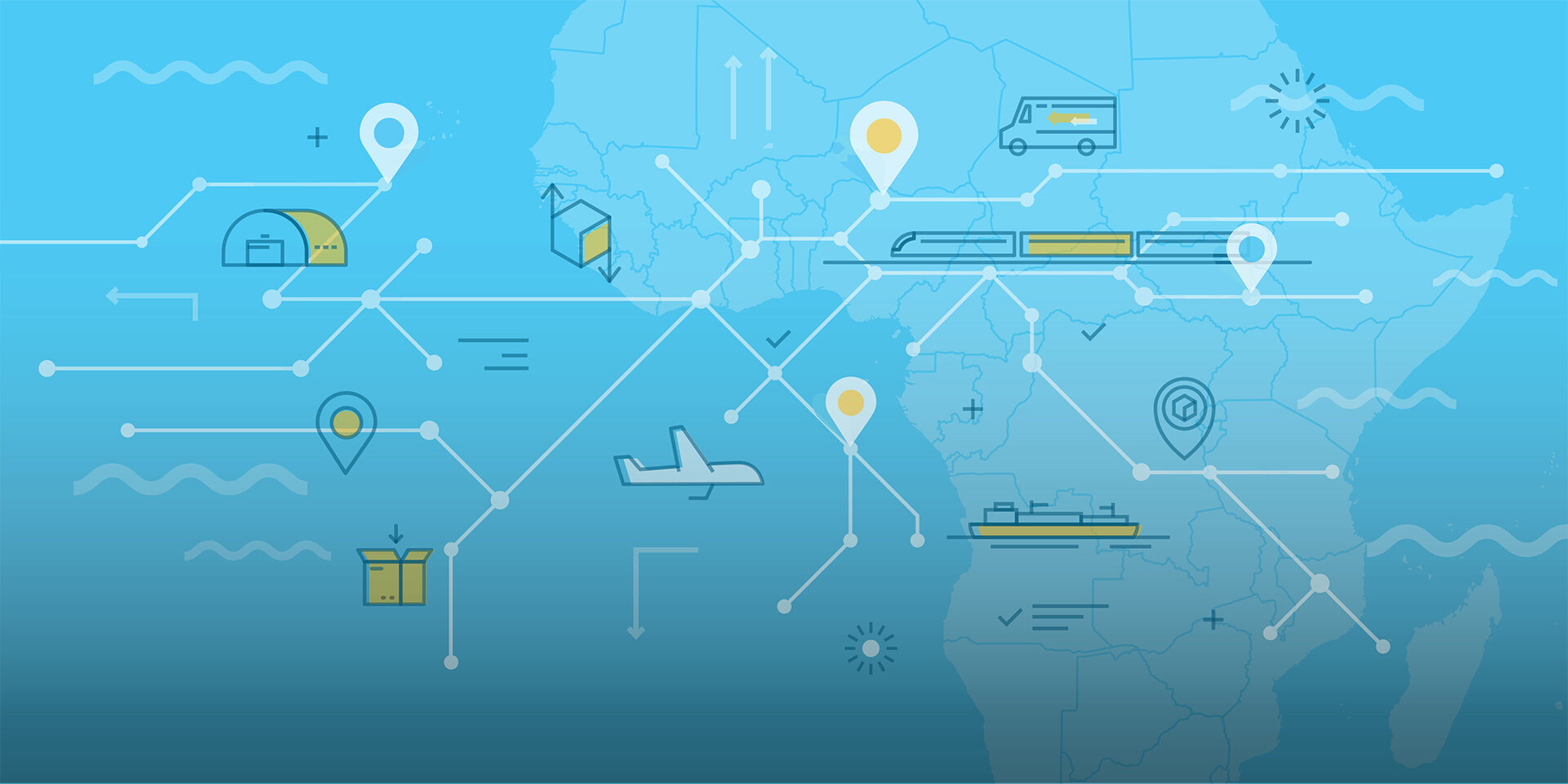 A graphic showing several lines connecting destination points. Includes illustrations of a plane, a bus, a hangar, and a package. The background is blue with a faint image of Africa.