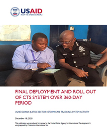 The front page of a report titled "Final Deployment and Roll Out of CTS System Over 360-day period." Includes an image of a man showing data on a tablet to an officer.