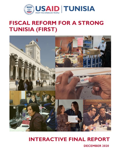The front page of the final report titled "Fiscal Reform for a Strong Tunisia (FIRST)." Includes several images of professionals working together.