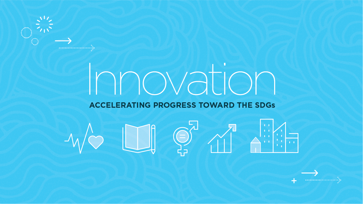 Innovation event banner (blue with illustrations representing SDGs)