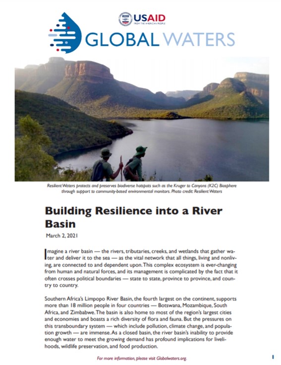 A document titled "Building Resilience into a River Basin." Includes image of two people hiking next to a large lake surrounded by lush green hills.