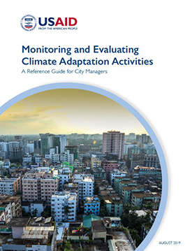 The front page of a report titled "Monitoring and Evaluating Climate Adaptation Activities." Includes an image of a city skyline.
