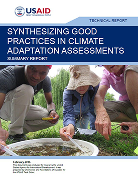 The front page of a technical report titled "Synthesizing Good Practices in Climate Adaptation Assessments." Includes image of three people outside examining a water sample.