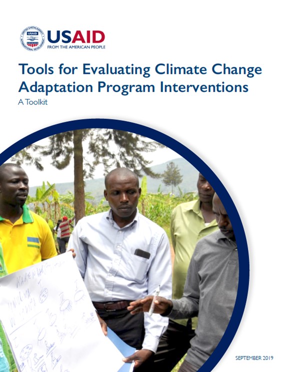 The front page of a report titled "Tools for Evaluating Climate Change Adaptation Program Interventions." Includes image of several people discussing a document.