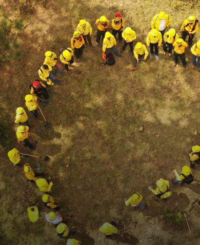 An overhead view of several workers in hard hats standing in a circle outside.
