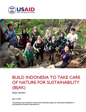 The front page of the final report titled "Build Indonesia to Take Care of Nature for Sustainability." Includes image of several people outside posing for a photo while holding tree sprouts.