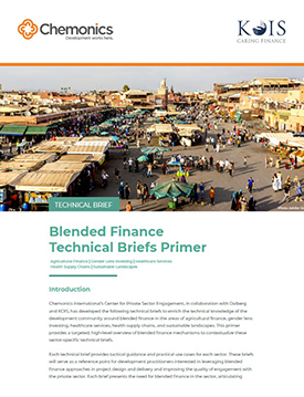 The front page of a technical brief titled "Blended Finance Technical Briefs Primer." Include an aerial photo of a bazaar.