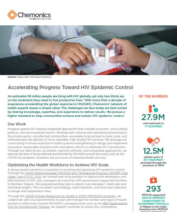 A document titled "Accelerating Progress Toward HIV Epidemic Control." Includes an image of a patient receiving medication from a pharmacist.