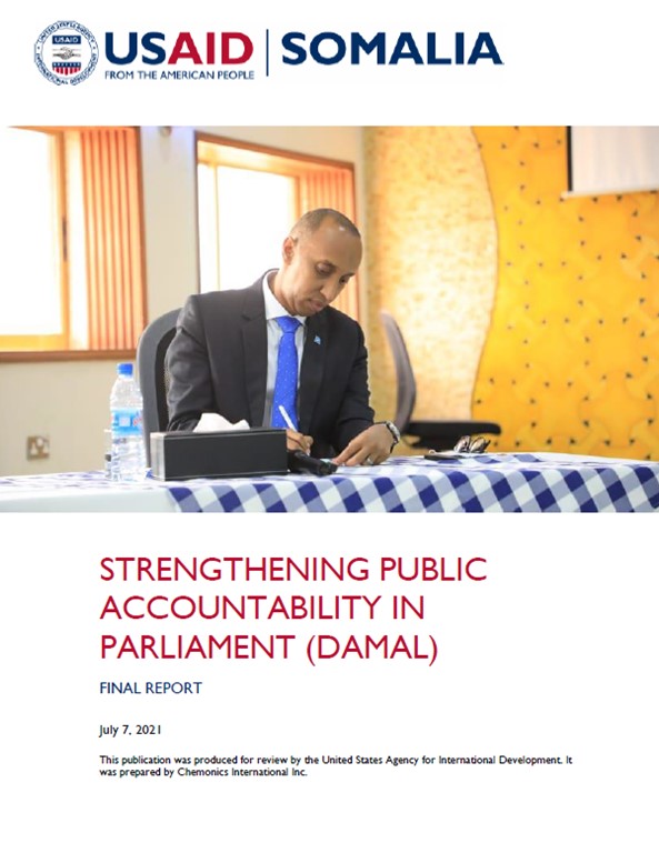 The front page of the final report titled "Strengthening Public Accountability in Parliament (DAMAL)." Includes an image of a man sitting at a table and writing.