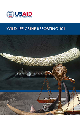 The front page of a report titled "Wildlife Crime Reporting 101." Includes image of an ornately carved tusk and a scale.