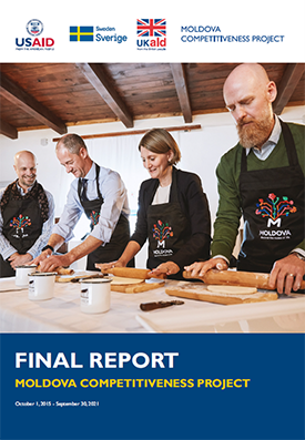 The front page of the final report titled "Moldova Competitiveness Project." Includes an image of several people standing at a table and rolling out dough with rolling pins.