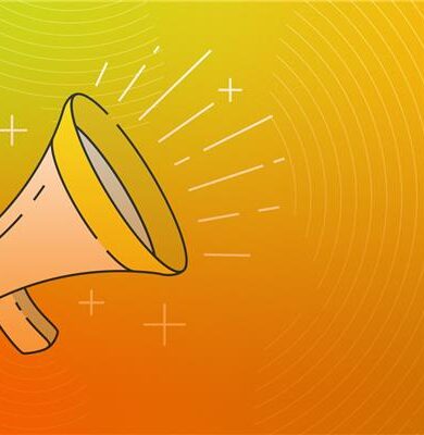 A graphic showing an illustration of a megaphone on an orange background.