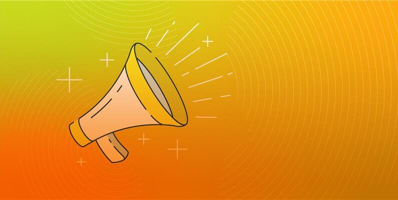 A graphic showing an illustration of a megaphone on an orange background.