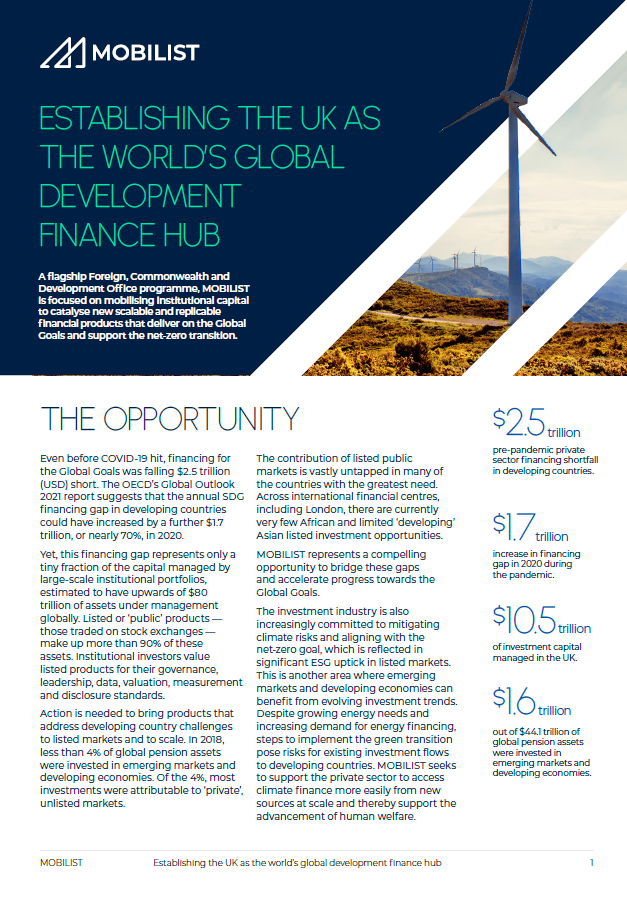 A factsheet titled "Establishing the UK as the World's Global Development Finance Hub." Includes an image of a wind turbine.