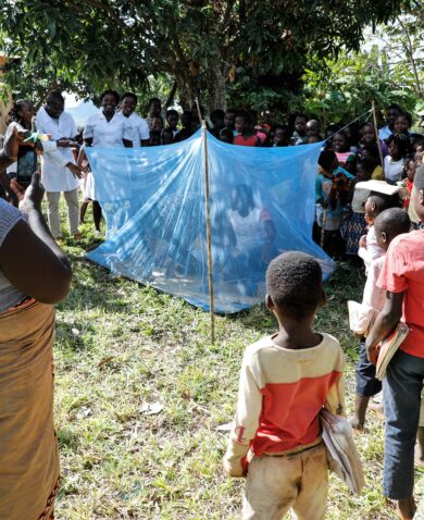Image of several people standing in a circle and watching a pair of people sitting in a bug net fashioned into a tent.