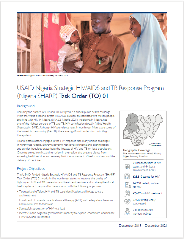 A document titled "USAID Nigeria Strategic HIV/AIDS and TB Response Program (Nigeria SHARP)." Includes image of a couple and a baby.