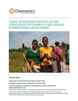 The front page of a guide titled "Monitoring and Evaluation Strategies for Disability Inclusion in International Development." Includes an image of a pair of young women posing for a photo as they hold corn in a field.
