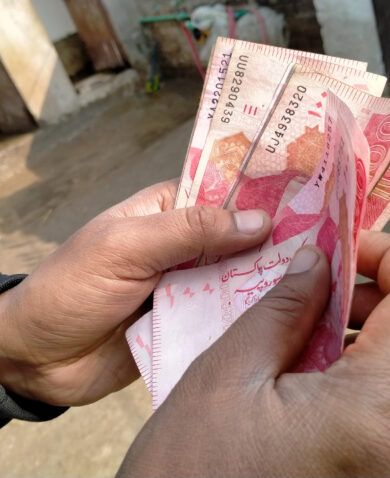 Hands counting notes of Pakistani currency.
