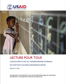The front page of the final report titled "Lecture Pour Tous." Includes an image of a young girl writing on a blackboard.