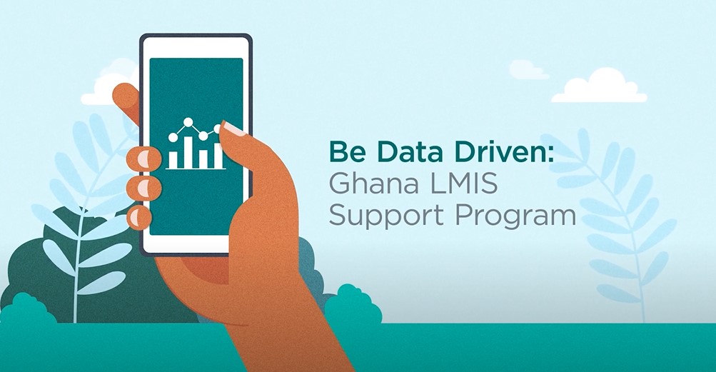 A graphic showing an illustration of a hand holding up a smartphone. Besides the illustration is the text "Be Data Driven: Ghana LMIS Support Program."