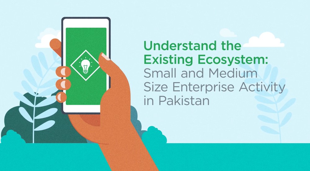 A graphic showing an illustration of a hand holding up a smartphone. Besides the illustration is text that reads "Understand the Existing Ecosystem: Small and Medium Size Enterprise Activity in Pakistan."