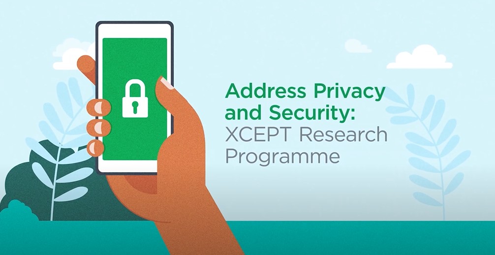 A graphic showing an illustration of a hand holding up a smartphone. Besides the illustration is text that reads "Address Privacy and Security: XCEPT Research Program."