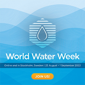 A graphic showing an image of a water drop over a wavy blue background. Under the image is the text "World Water Week."