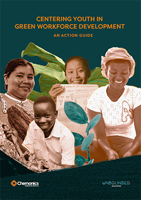 The front page of a report titled "Centering Youth In Green Workforce Development: An Action Guide." Includes images of several people smiling.