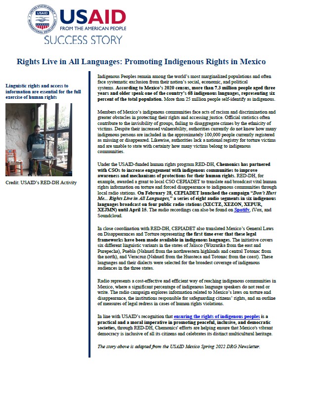 A document titled "Rights Live in All Languages: Promoting Indigenous Rights in Mexico." Includes an image of a man standing at a desk and using a computer.