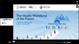 A slide from a presentation that reads "The Health Workforce of the Future." Includes illustration of several people in different colors walking up to a mountain that sits beside the text "Health for All."