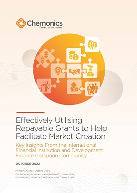 The front page of a report titled "Effectively Utilizing Repayable Grants to Help Facilitate Market Creation." Includes an illustration of several puzzle pieces connected together within an orange sphere.