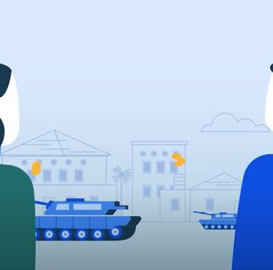 Animated image showing two different people facing a conflict zone