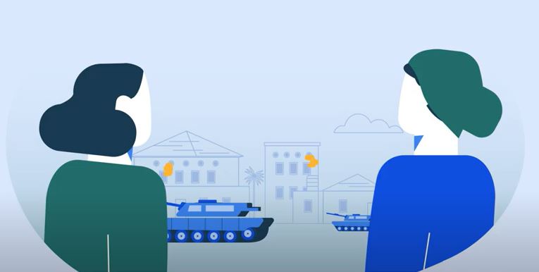 Animated image showing two different people facing a conflict zone