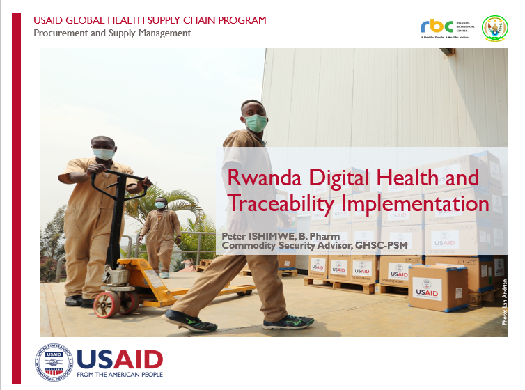The front page of a report titled "Rwanda Digital Health and Traceability Implementation." Includes image of several warehouse workers moving boxes marked "USAID" outside.