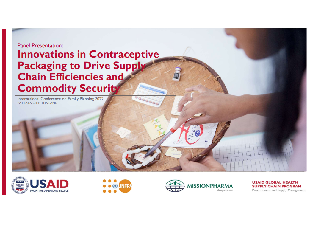 The first slide of a panel presentation titled "Innovations in Contraceptive Packaging to Drive Supply Chain Efficiencies and Commodity Security." Includes image of a woman pointing to contraceptive items on a woven plate.