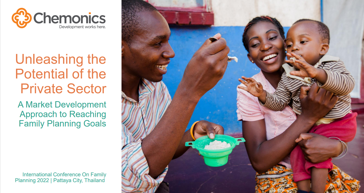 A slide that reads "Unleashing the Potential of the Private Sector: A Market Development Approach to Reaching Family Planning Goals." Includes an image of a couple smiling as one holds a baby and the other feeds him.