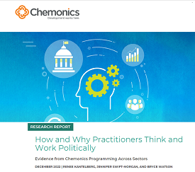 The front page of a research report titled "How and Why Practitioners Think and Work Politically." Includes an illustration of the profile of a head with a gear in its center, surrounded by illustrations of a chart, a government building, and a group of people.