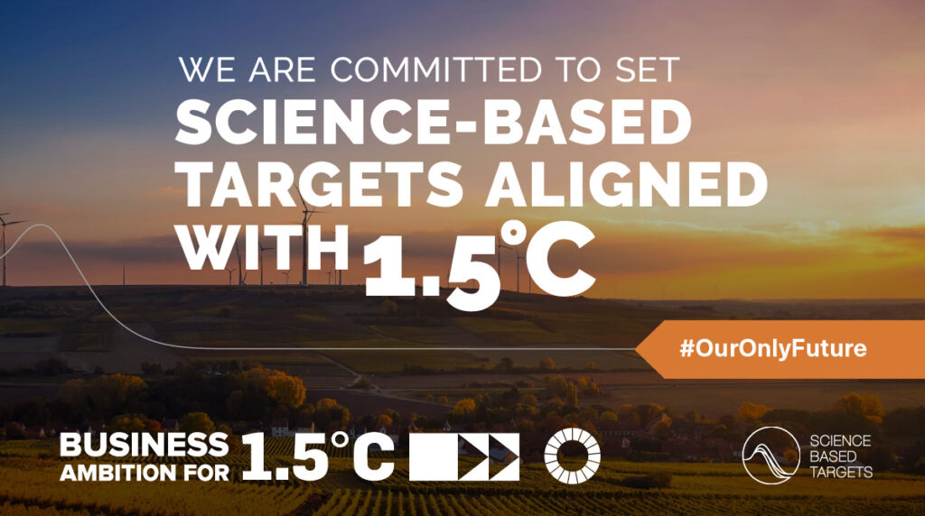 Windmills on a hill in background with the words "We are committed to set science-based targets aligned with 1.5 Celsius" in the foreground. 