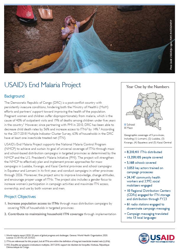 A document titled "USAID's End Malaria Project." Includes an image of a woman hanging a bug net above her bed.