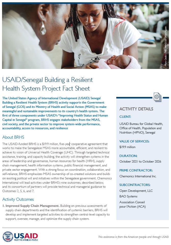 A document titled "USAID/Senegal Building a Resilient Health System Project Fact Sheet." Includes image of a woman holding a baby as she speaks to a healthcare worker.