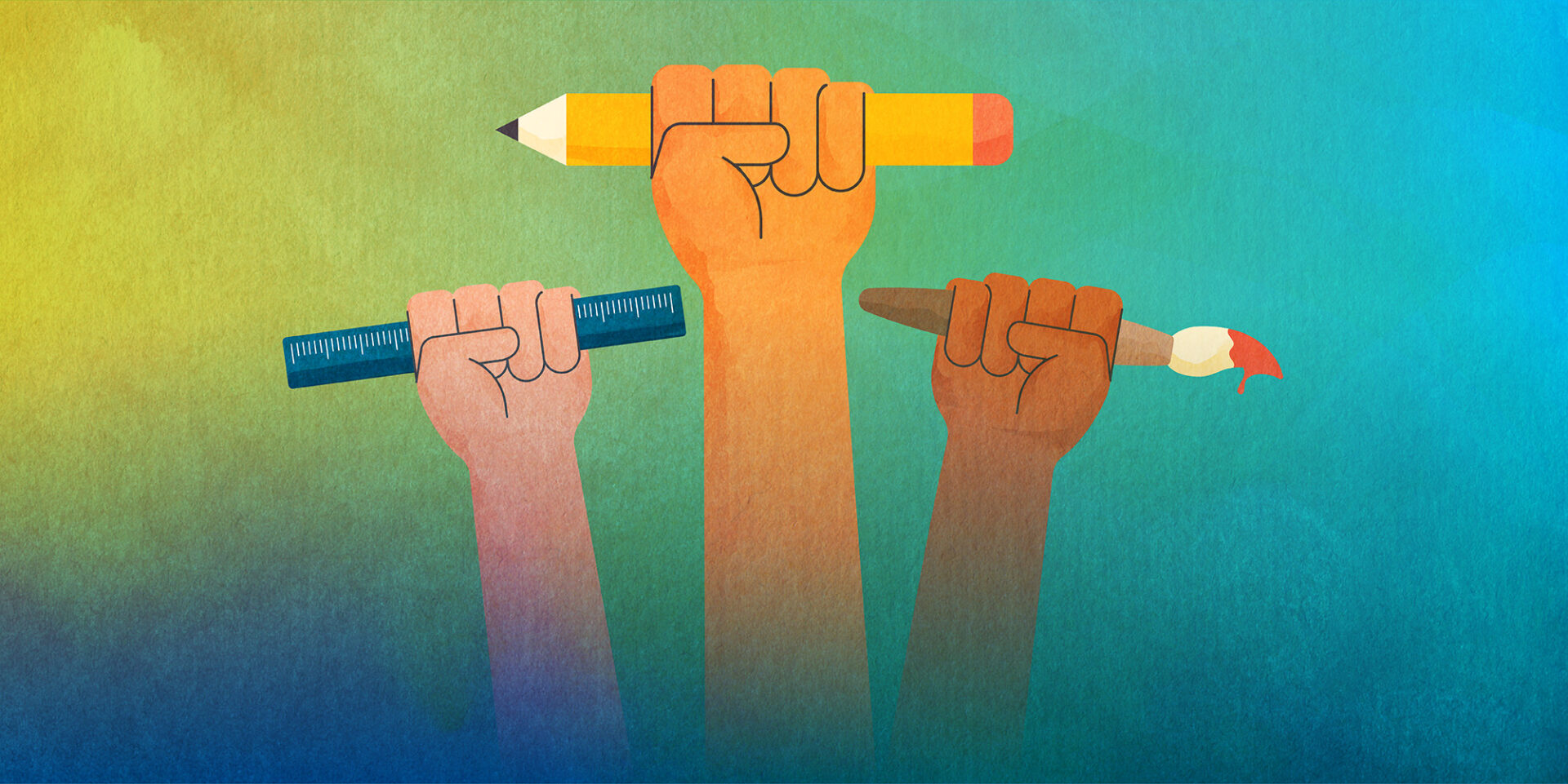An illustration of three hands raised in the air. One is holding a ruler, the other a pencil, and the third a paintbrush.