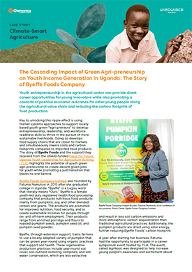 A document titled "The Cascading Impact of Green Agri-preneurship on Youth Income Generation in Uganda: The Story of Byeffe Foods Company. Includes two images: one of a woman posing for a photo next to a banner that reads "Byeffe Pumpkin Porridge," and another of a boy smiling and posing for a photo.