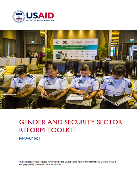 Front page of the Gender and Security Reform Toolkit, showing a group of policewomen reading files in a conference room