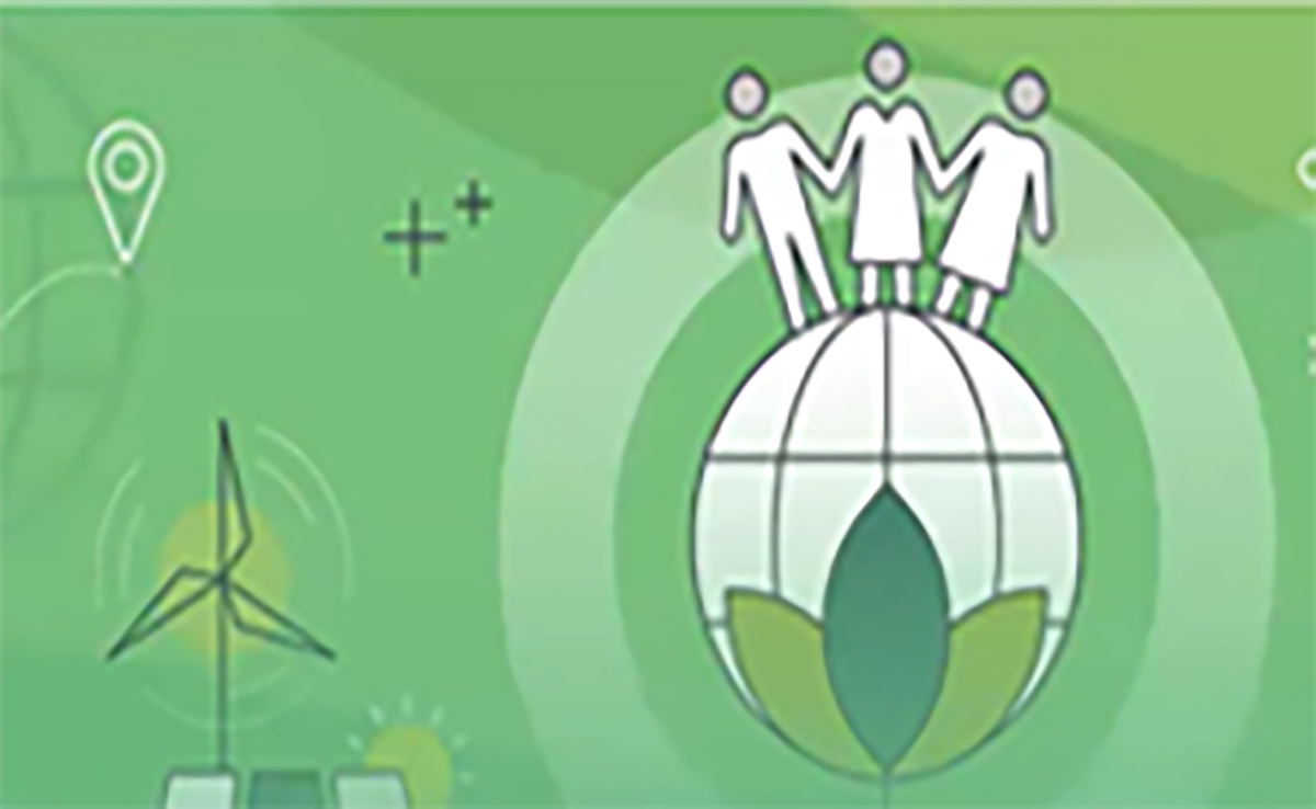 green background with animated people standing on a globe
