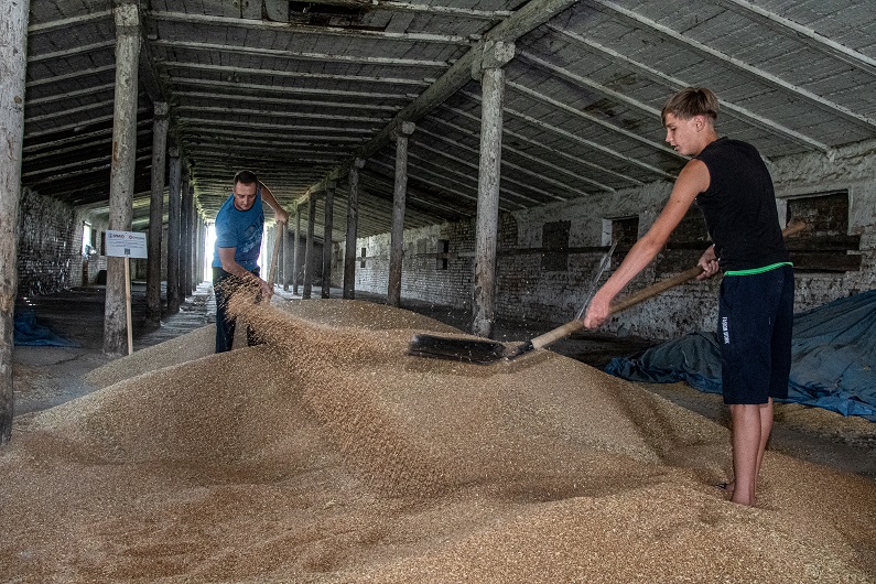 A group of workers at a trading company prepare grain for storage in a modular grain storage facility set up with USAID AGRO support.