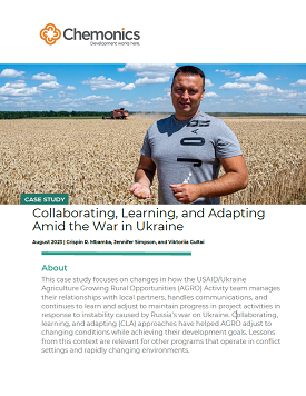 Cover of the case study, picturing a Ukrainian man standing in front of a wheat field.